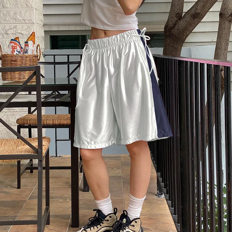 

Baggy Silver Stitching Sport Shorts Women Korean High Elastic Waist Drawstring Short Pants Summer Harajuku Street Jogging Shorts