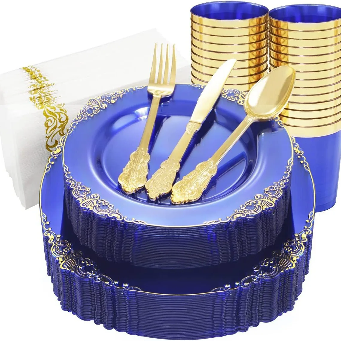 Dragon pattern transparent blue gold edge relief plate wine glass knife fork spoon hard plastic dust-free paper disposable plate