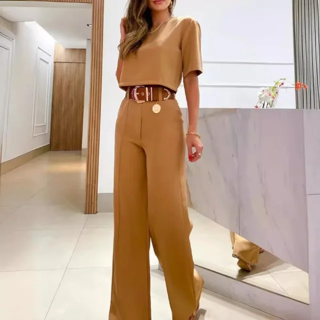 Summer New Style Casual Pure Color Short Sleeve Suit Pants Fashionable Commute Set Polyester Fiber Women's Skirt Ensemble 2