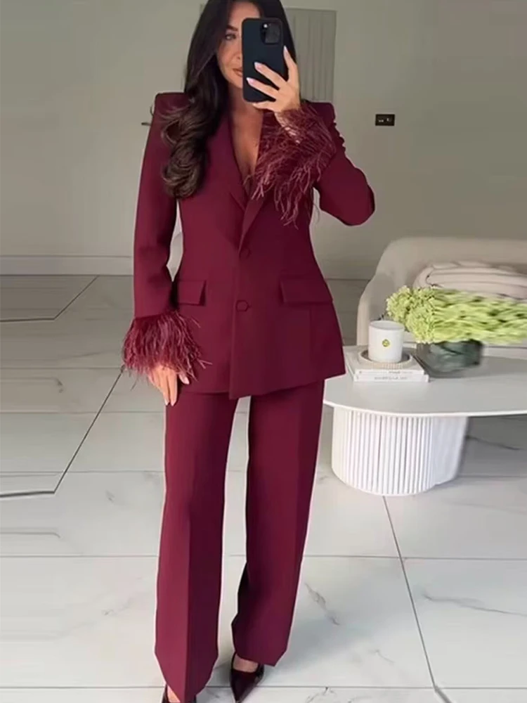 Women's Suit Pants Two-Piece Set Elegant Feather Long Sleeve Blazer Coat + Wide-Leg Pants 2 Pieces Sets Chic Woman Outfits