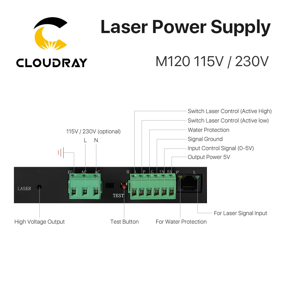 Cloudray-fuente de alimentación láser, 120W, M120, 115/230V, con pantalla de visualización, para máquina cortadora de tubos láser Co2