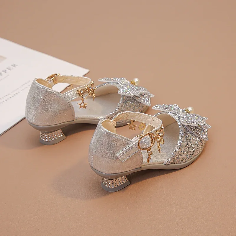 Girls High Heeled Leather Shoes High Heels for Wedding Party Glitter Rhinestone with Bow-knot Kids Dress Pendant Bling Sparkling - 6