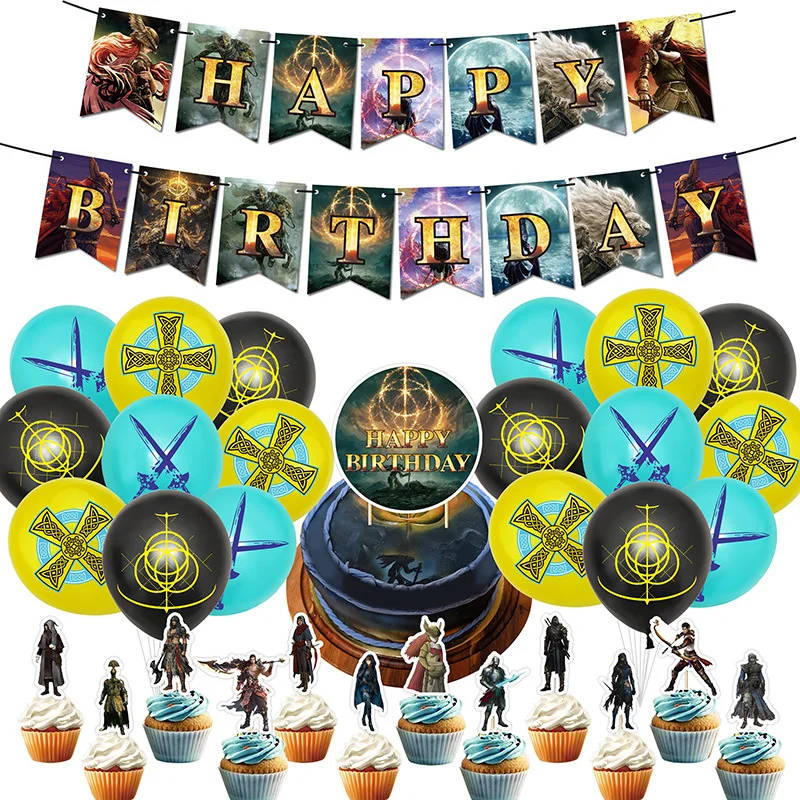 

Game Elden Ring Birthday Party Set Balloons Happy Birth Day Decorative Banners Flags Cake Inserts Decoration Supplies Decor