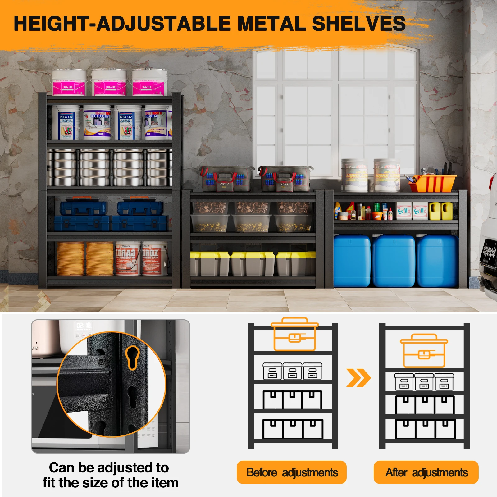 MORGIE 47.2" W Garage Storage Shelving, 3000LBS Heavy Duty Adjustable 5 Tier Metal Shelves Storage Rack With Fences