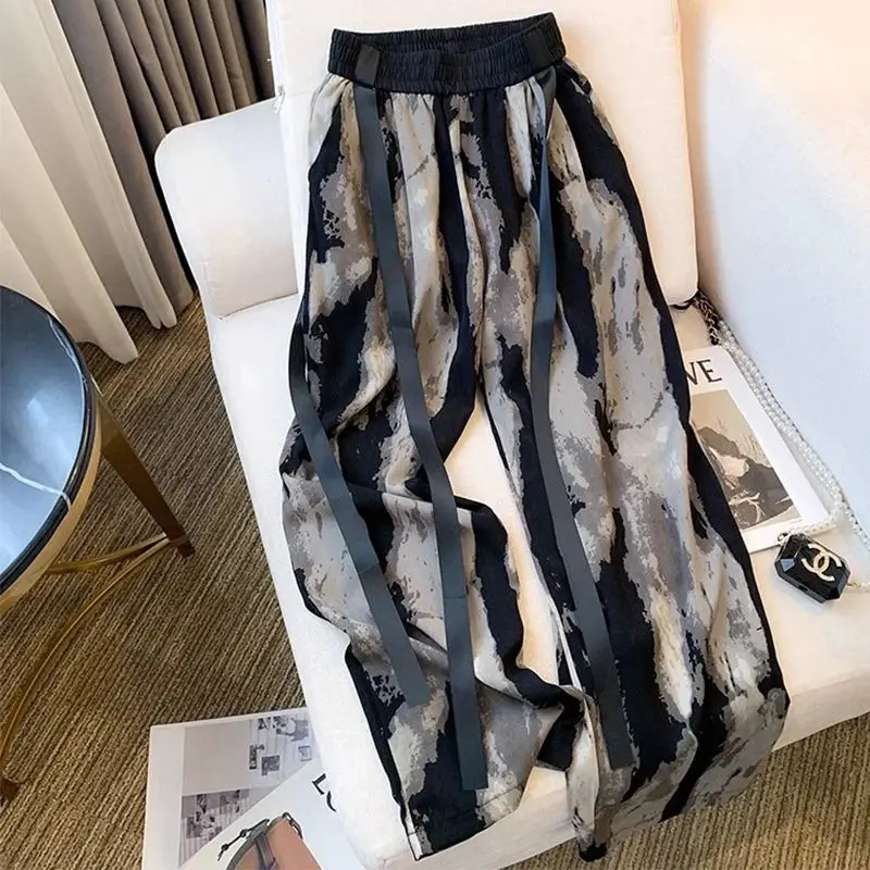 Ice Silk Wide-leg Pants 2024 Summer Women's Ink Painting Tie Dye Chinese Style Loose High Waist Sweatpants Trousers Women