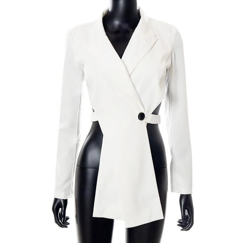 2024 Fall Women's Fashion Irregular Top Suit Black White Skinny New Pure Color Cross Long Sleeve Buttoned Hollow Backless Suit
