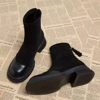 2025 Autumn/Winter British Style Women's Fashion Boots-Chunky Sole Slimming Ankle Boots with Leather & Flannel Panel Rear Zipper