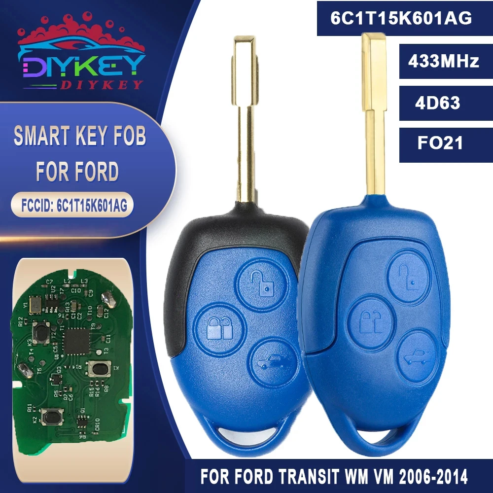 DIYKEY 6C1T15K601AG 433MHz 4D63 Chip Fob Remote Key 3 Button For Ford Transit WM VM 2006 2007 2008 2009 2010 2011 2012 2013 2014