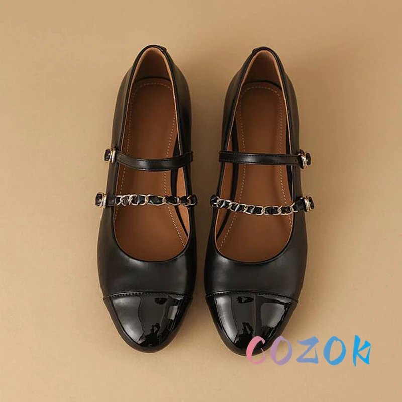 Fashion Patent Leather Stitching Metal Chain Double Front Strap Ballet Flats Round Toe Women Soft Soled Dress Shoes Summer 6