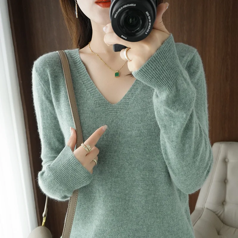 

Casual Loose Knit Pullover for Autumn/Winter Women's Pullovers 2023 New V-neck Solid Long Sleeve Think Underlay Bottom Shirts