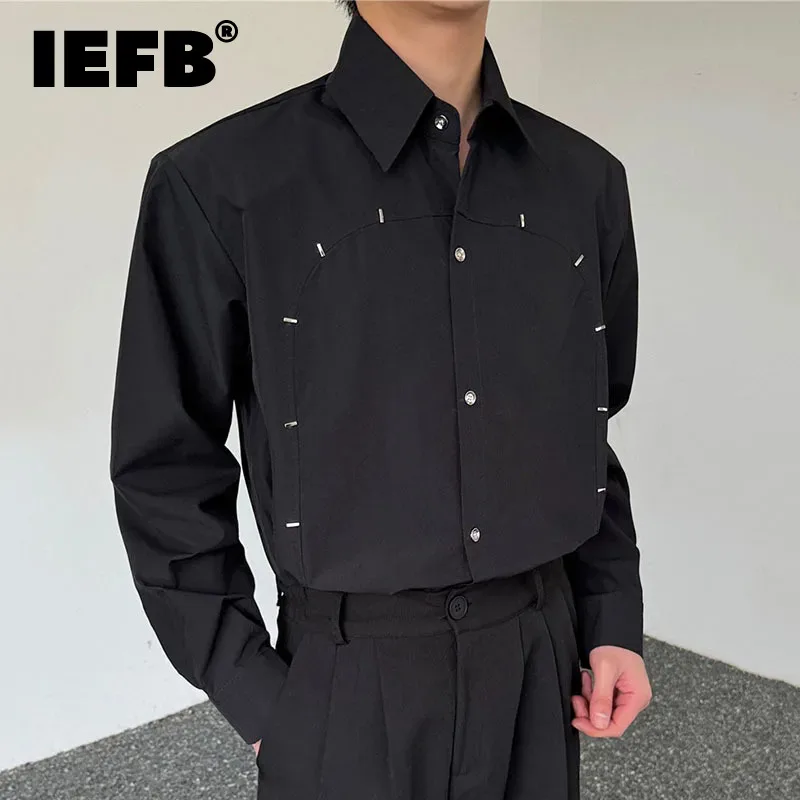 

IEFB New Shirt Trend Style Personalized Shoulder Pad Loose Casual Rivet Long Sleeve Turn-down Collar Summer 2024 Male Top 9C5278