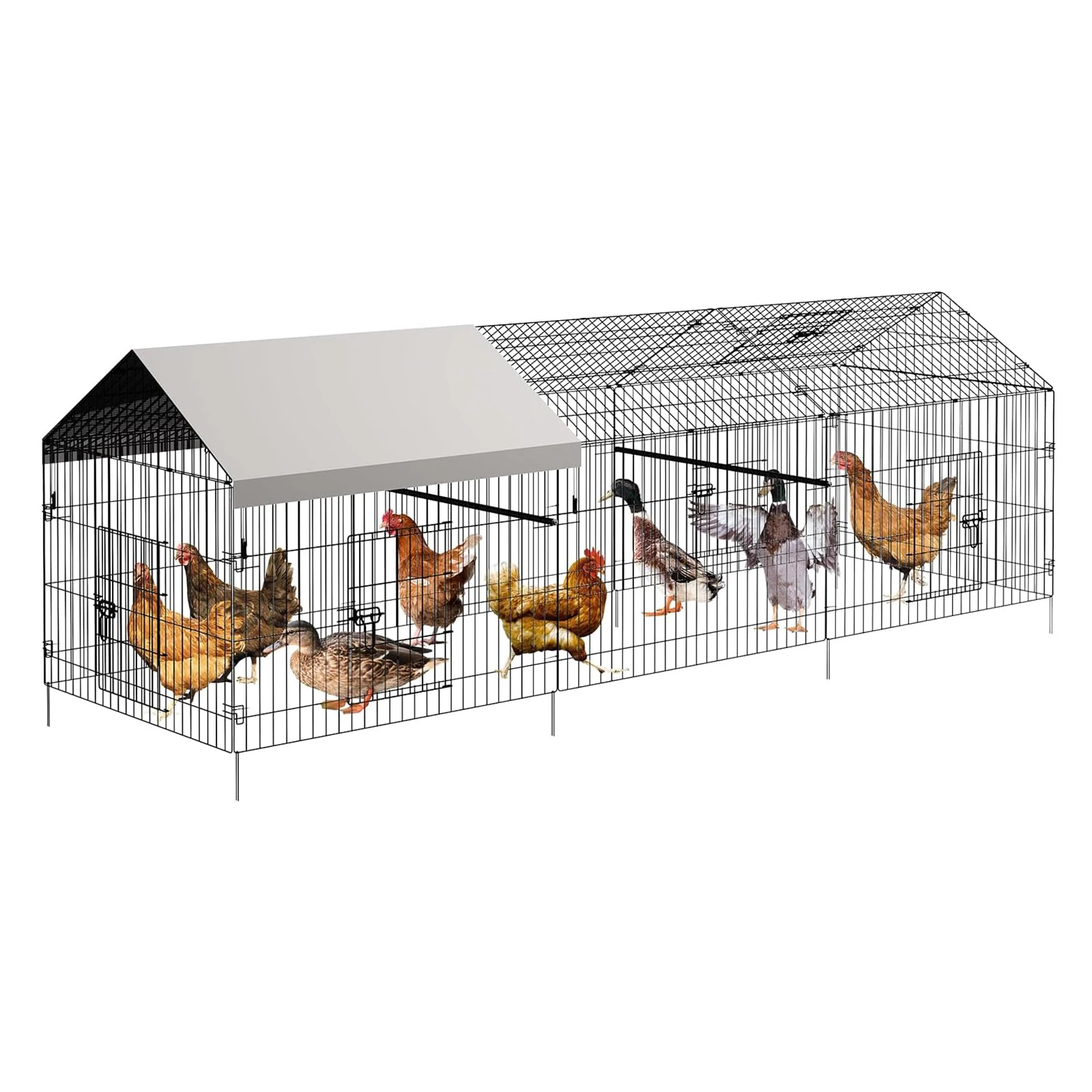 Metal Chicken Coop Portable Walk-in Poultry Cage with 4 Doors & 1 Window Outdoor Hen House for Ducks Chickens and Small Pets