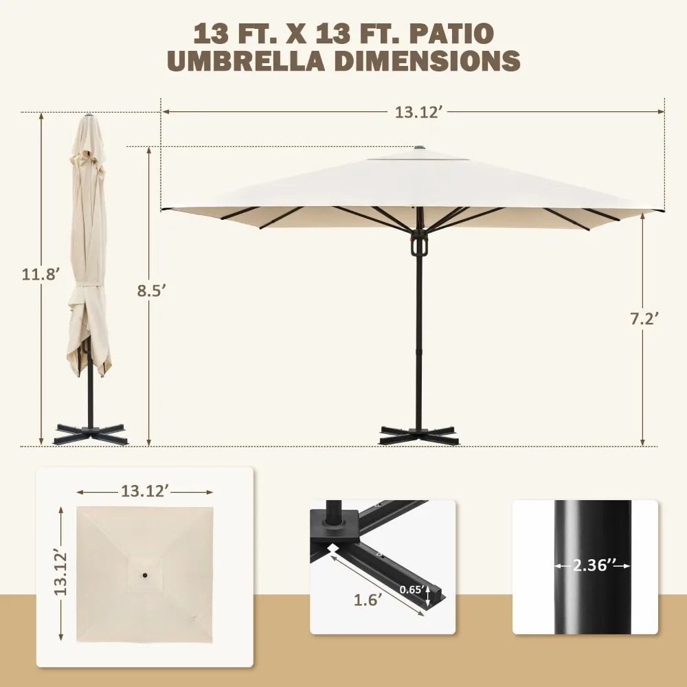 Patio Umbrella, 13.1' x 13.1' Aluminum Large Umbrella Umbrella Base, Heavy Duty Umbrella for Garden, Deck and Park Pool, Beige 6
