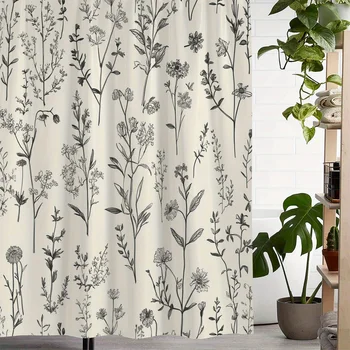 Vintage Botanical Floral Print Shower Curtain with Hooks - Elegant Polyester Fabric, Machine Washable, Natural Inspired Design 1