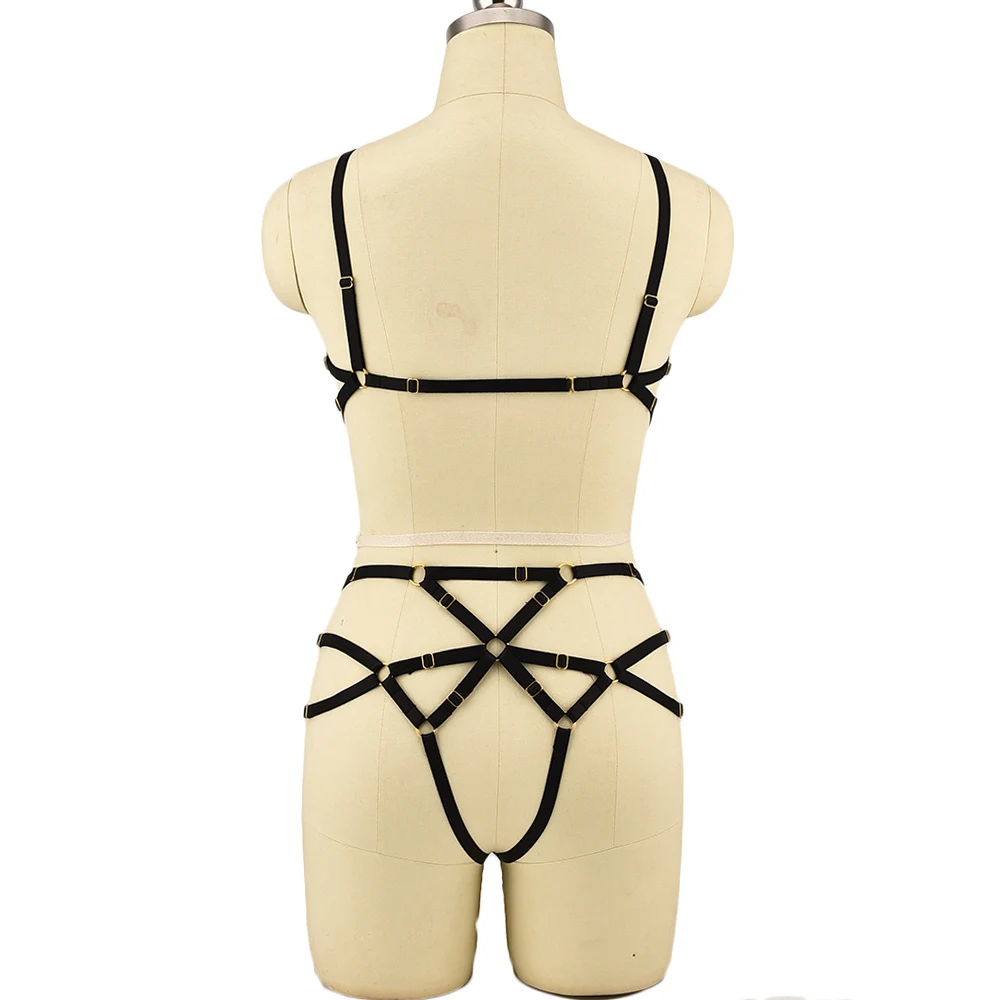 Women Body Harness Bodysuit Fetish Halloween Hollow Bondage Harness Belt Sexy Lingerie Adjustable Body Cage Bra G-String Set