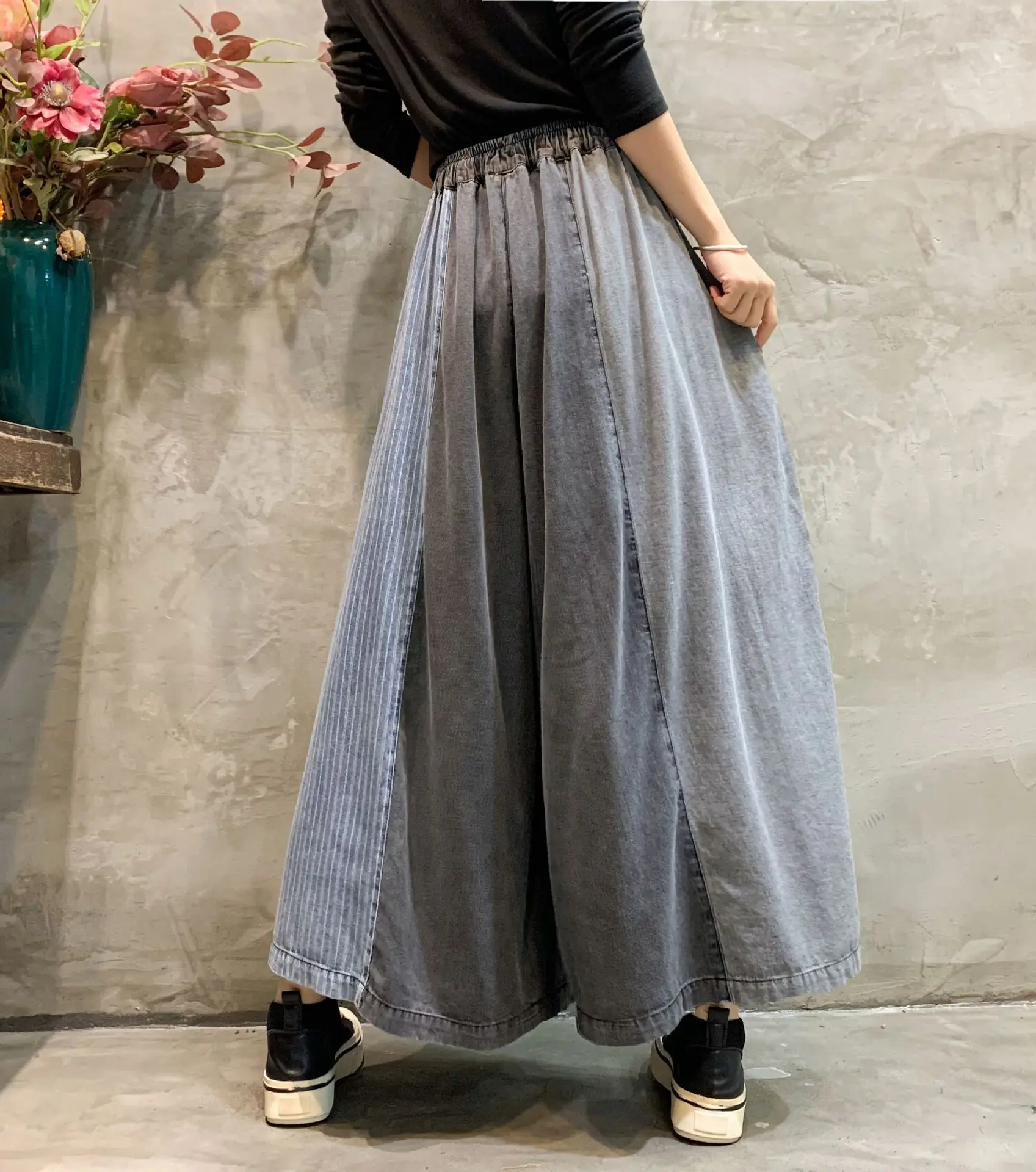 [EWQ] Patchwork Drawstring Jeans Pants For Women Streetwear High Waist Contrast Wide Leg Trousers Spring 2024 Autumn New Y6664