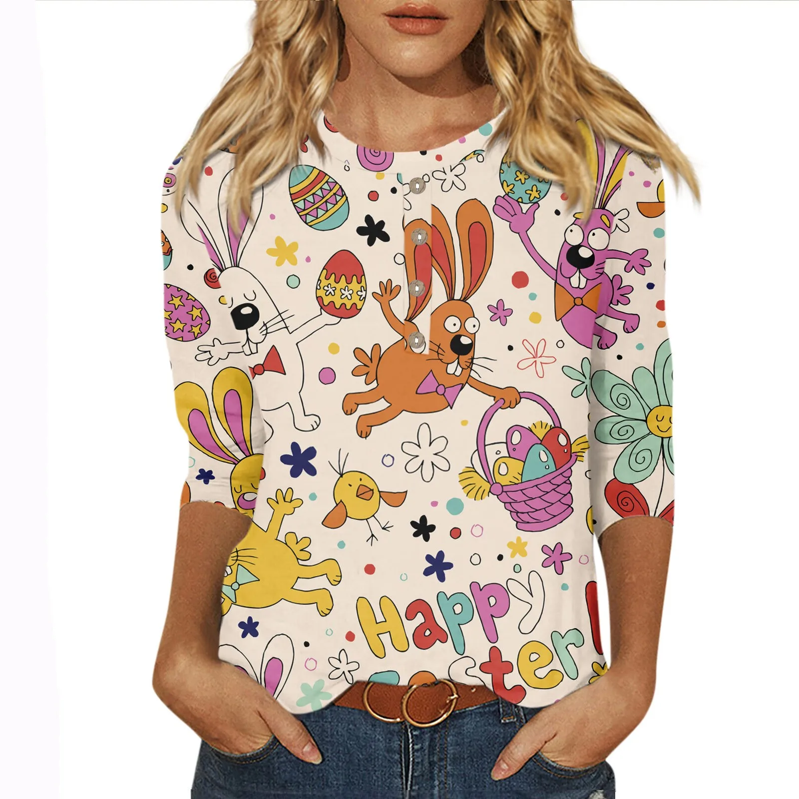 

Women'S Printhree Quarter Sleeve Button Round Neck Casualop-Shirt With A Base Youthful Woman Clothes Graphic Shirts 2024