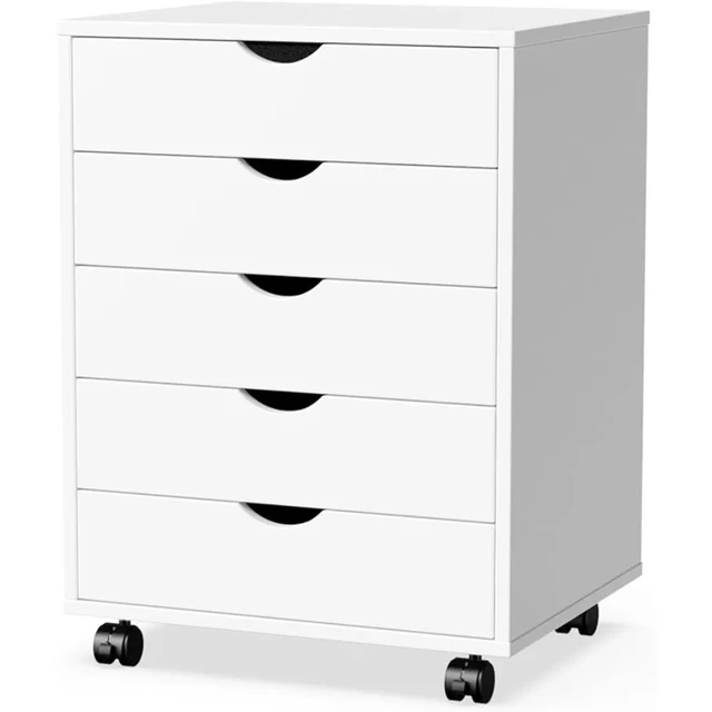 5 Drawers Chest, Wood Storage Dresser with Wheels, Craft Storage Organizer and Storage Drawer Office Drawer Unit - White