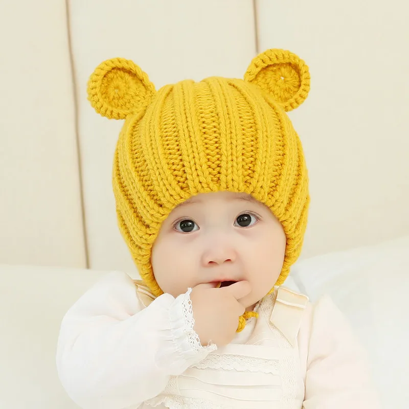 

Baby hat autumn and winter cute knitted hat for boys and girls children bear ears wool ear protection warm baby hat