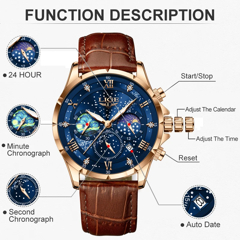LIGE Men Watch Fashion Brown Leather 24 Hour Moon Phase Watch Men Military Waterproof Luminous Quartz Chronograph Reloj Hombre