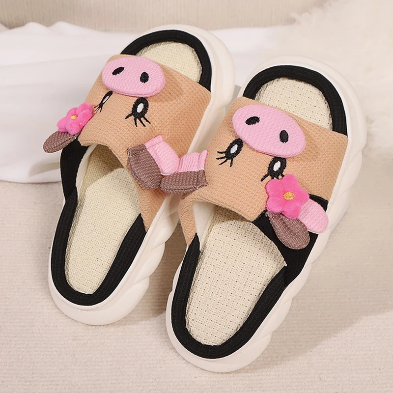 Cute Cow Thick Bottom Linen Slippers Women 2024 Winter Comfort Home Cotton Slippers Woman Flat Heels Non Slip Indoor Shoes Slide — view 6