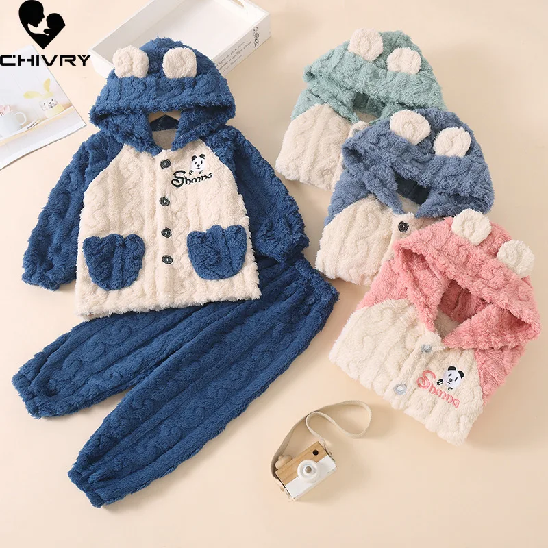 

New Autumn Winter Kids Fashion Thicken Flannel Warm Pajamas Cartoon Panda Lapel Pyjamas Baby Boys Girls Sleepwear Clothing Sets