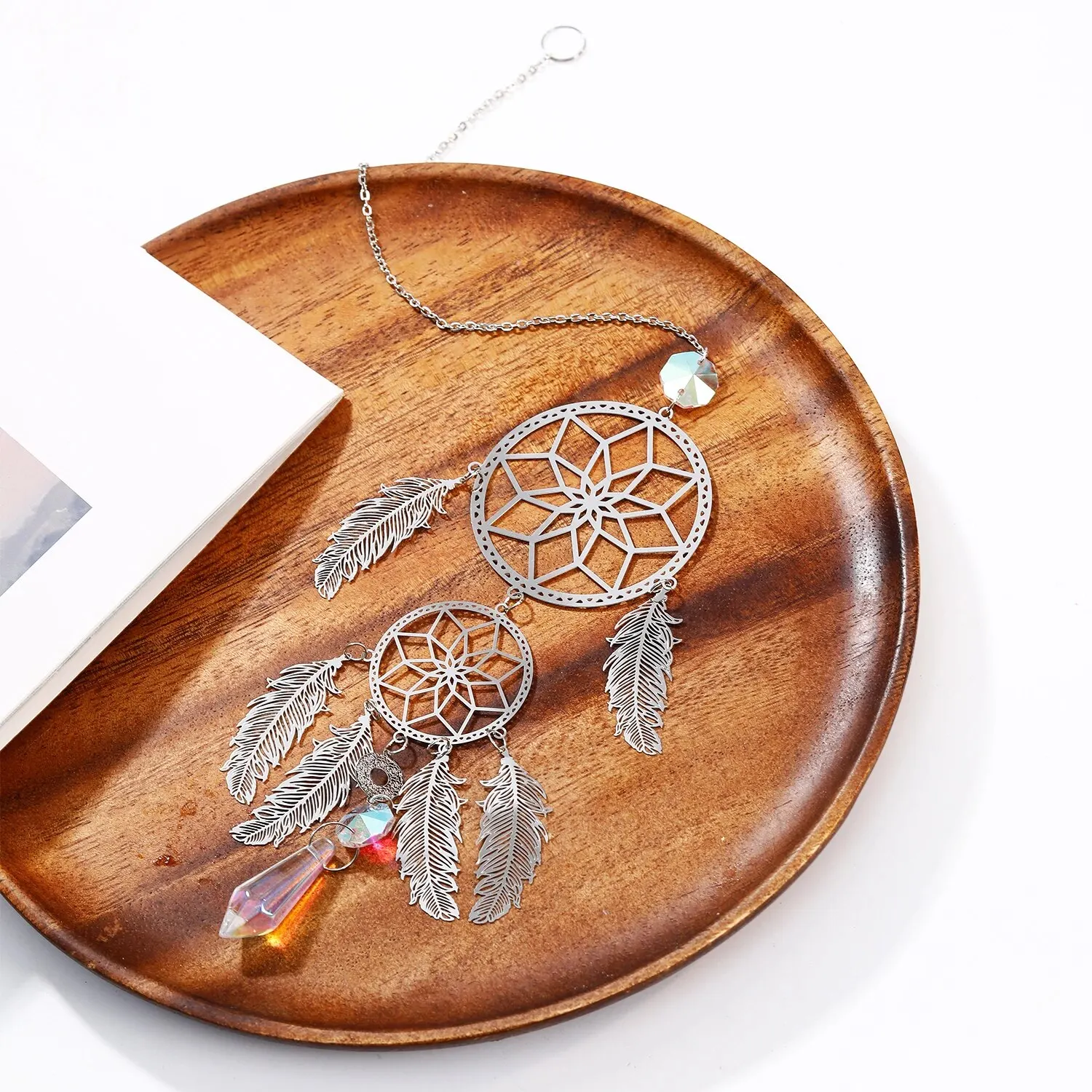 1 Pc Silver Feather Dreamcatcher Outdoor Lighting Crystal Hanging Garden Sun Catcher Holiday Wedding Party Decoration Supplies sun catcher