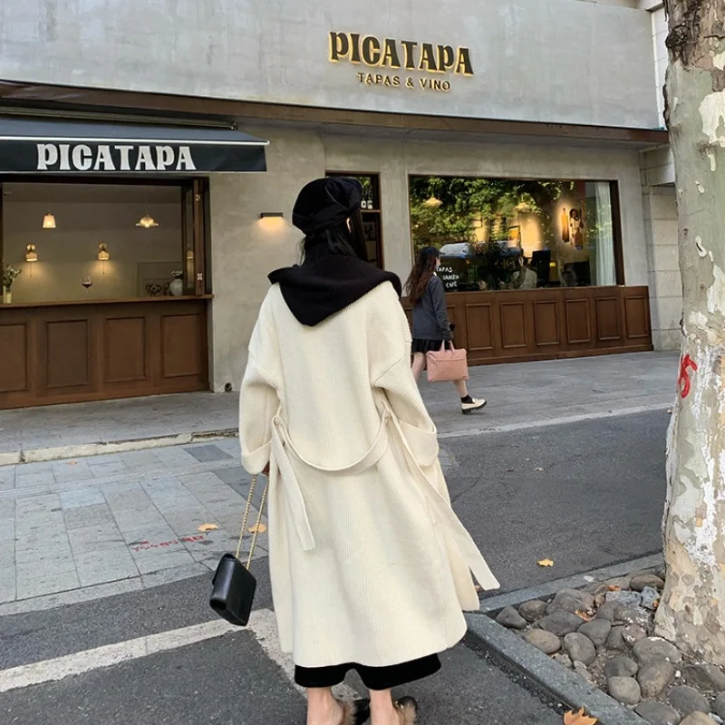 Women Fake Two Pieces Knitted Long Coat Loose Poncho Trench Autumn Winter Thick Cardigan Windbreaker Outdoor Cloak With Hat