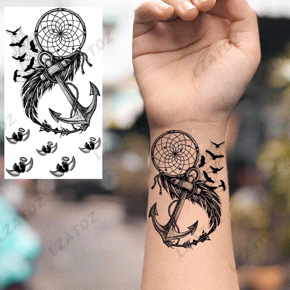 

Black Dreamcatcher Anchor Temporary Tattoos For Woman Adults Bird Footprint Angel Full Fake Tattoo Washable Hand Tatoos Sticker
