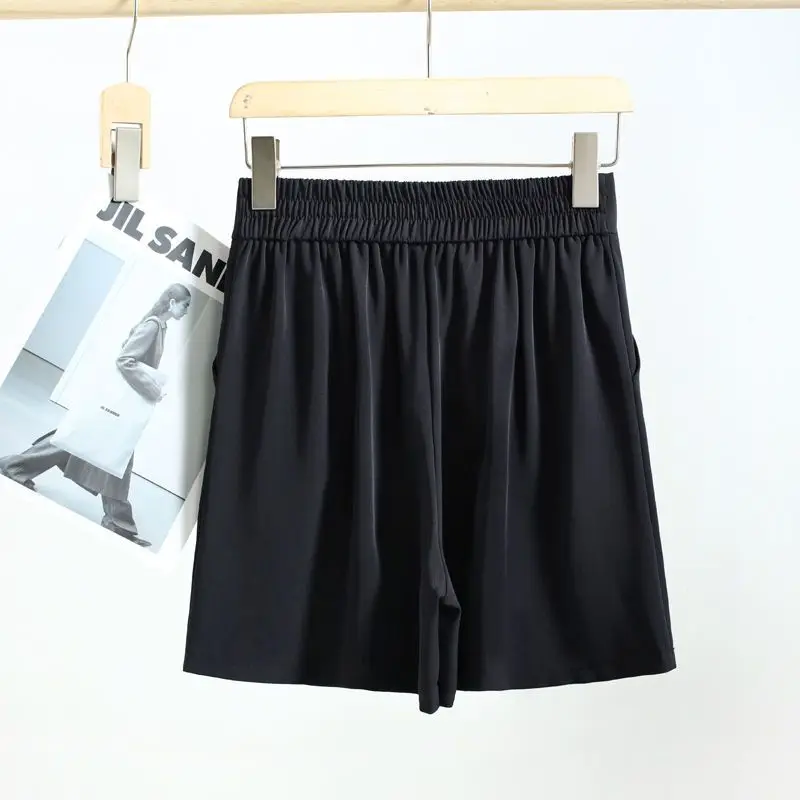 Summer New Women Solid Color Thin Elastic High Waist Bright Line Decoration Pocket Rucheda Casual Straight Wide Leg Suit Shorts