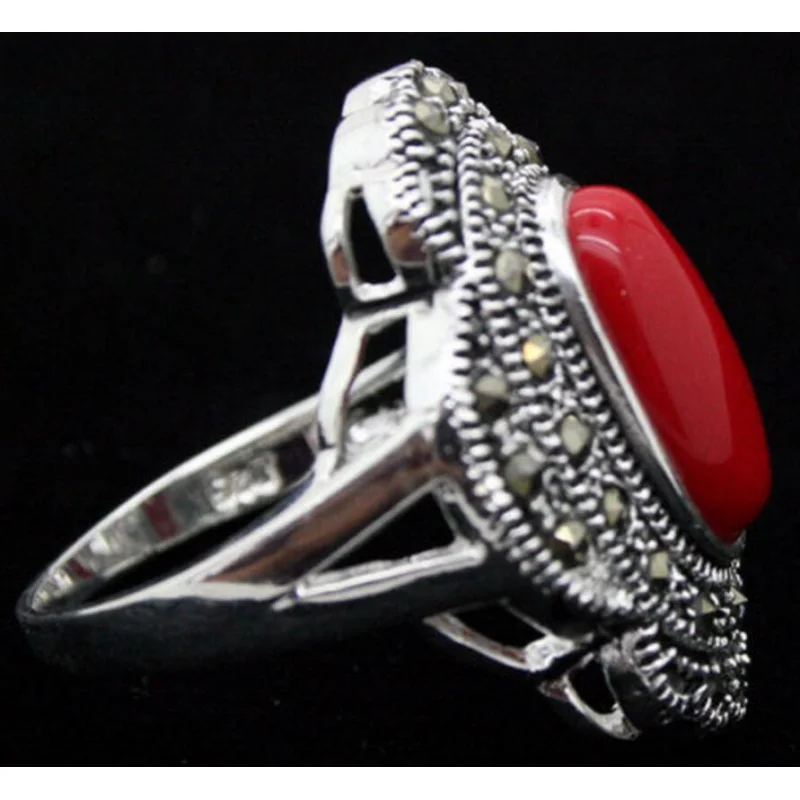 

24*16mm Vintage 925 Silver Oval Red Coral Marcasite Ring Size 7/8/9/10