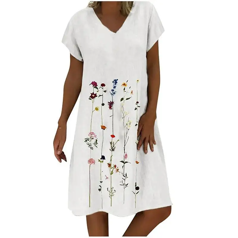 

Women's Shift Dress Knee Length Dress White Purple Light Green Khaki Short Sleeve Floral Print Spring Summer V Neck Casual