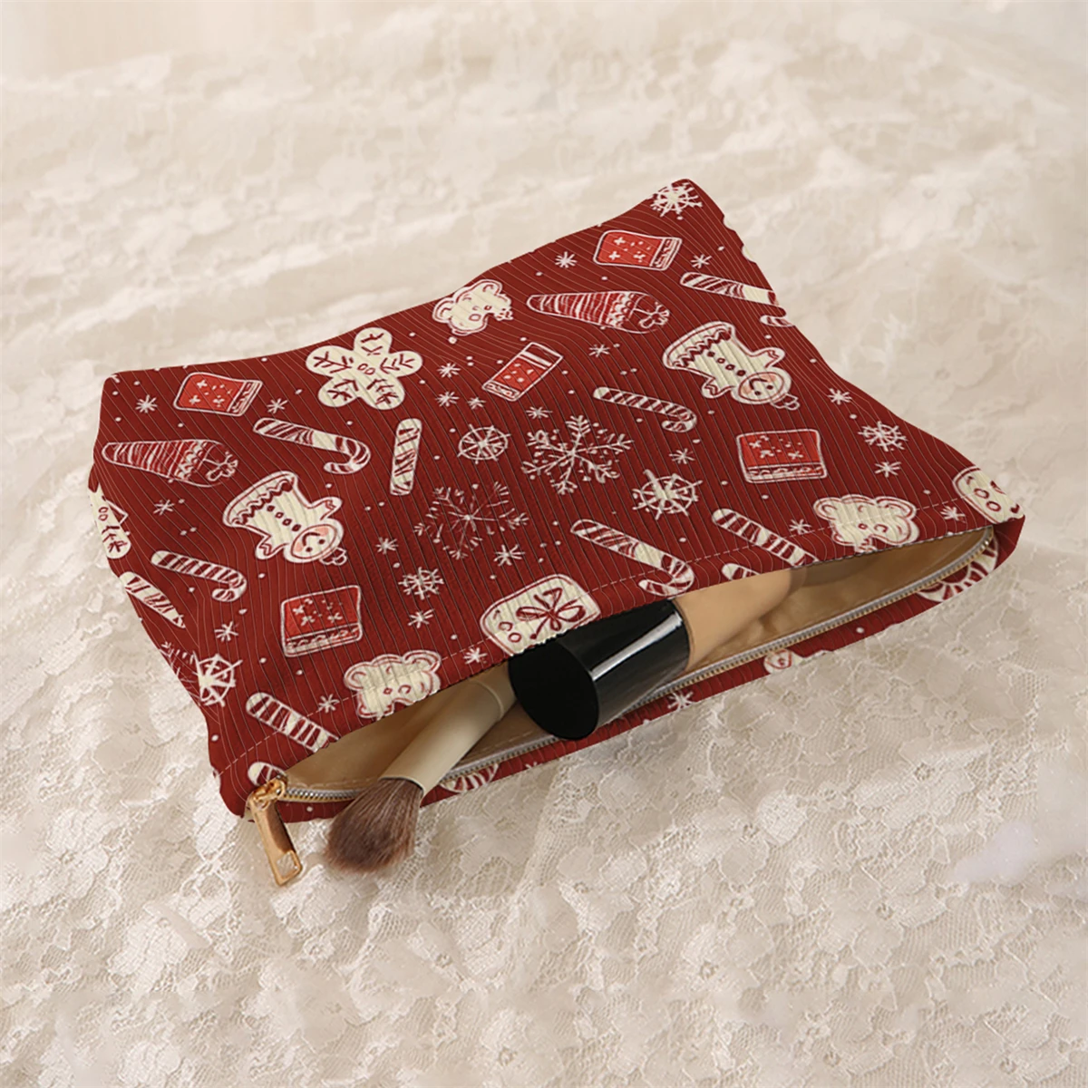 1 Christmas themed corduroy makeup bag, lightweight zipper makeup storage box, multifunctional bag with lining
