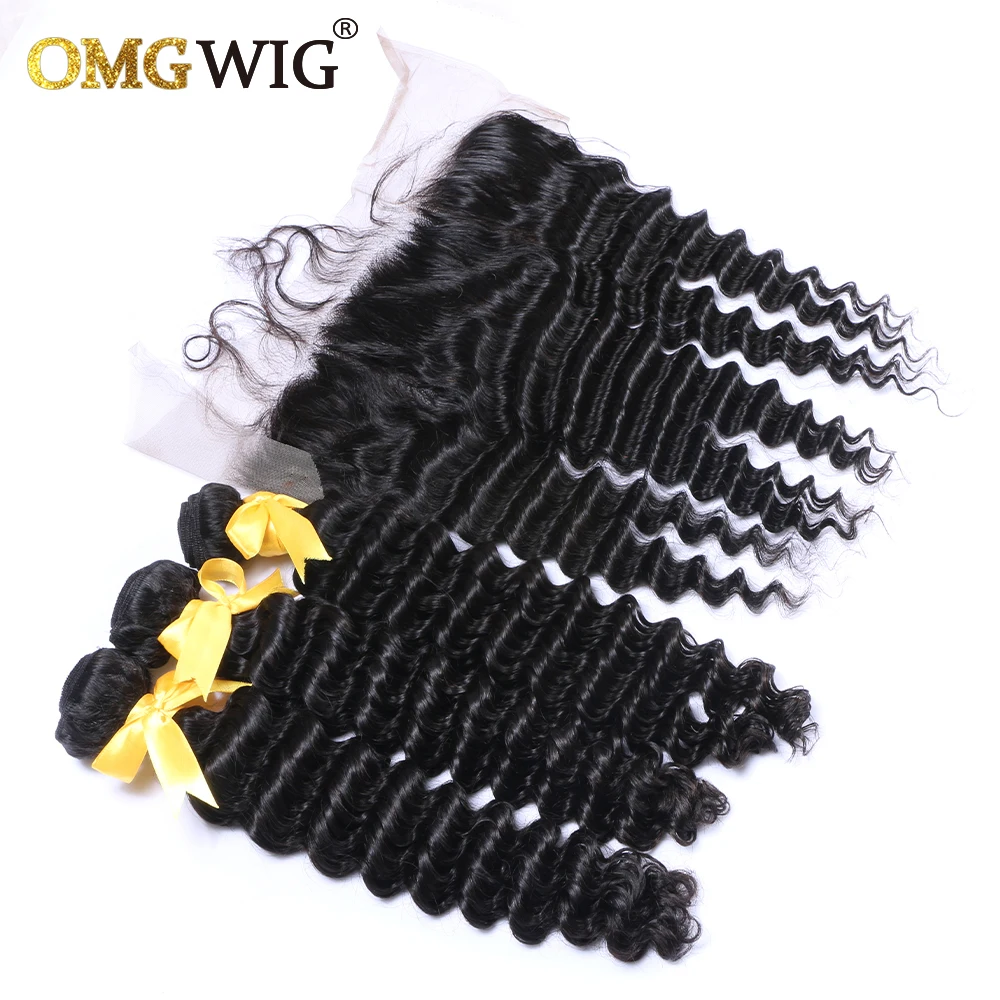 Deep Wave Natural Color Hair Bundles With 13x4 Base Closures Brazilian Human Hair Free Part Bleached Knots Transparent Lace