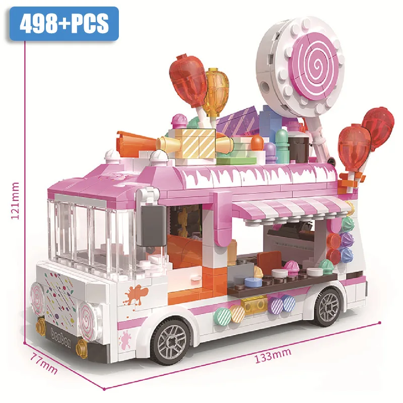 thumbnail image 1 of Bloques de construcción de tamaño pequeño para niños y niñas, con forma de camión de comida y helados, para acampar, creativos, bricolaje, 1 of 5