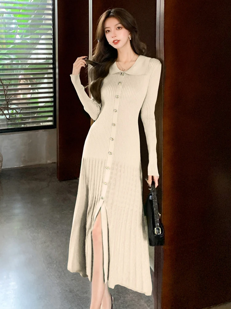 Vestiti delle donne Lavorato a maglia Risvolto Monopetto Skinny Fishtail Abito lungo Maglione Casual Elastico Robe Mujer Abiti Autunno Inverno 3