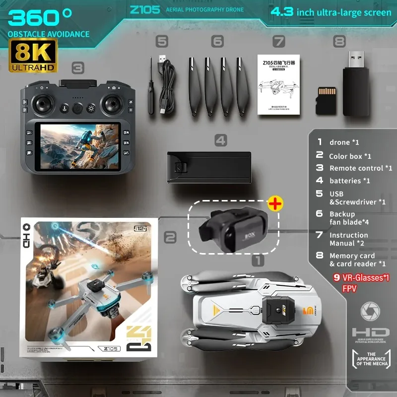FPV 드론 4K HD 듀얼 카메라 Z105 브러시리스 광학 흐름 포지셔닝 4.3인치 스크린 RC 원격 조종 스턴트 쿼드콥터 장난감 선물