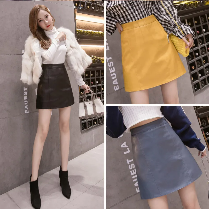 

Summer Fashion Elegant Women Pu Leather Skirt Casual High Waist Mini Skirt Ladies A-line Short Skirts Black Yellow