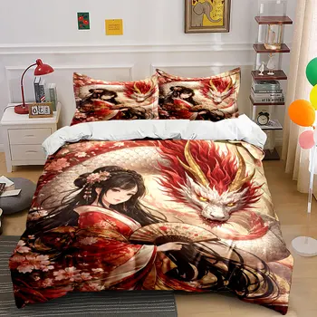 Lady in Red with White Dragon Printed Duvet Cover Set1 Duvet Cover+2 PillowcaseMulti Size Bedroom Bedding Decor Luxury gifts 1