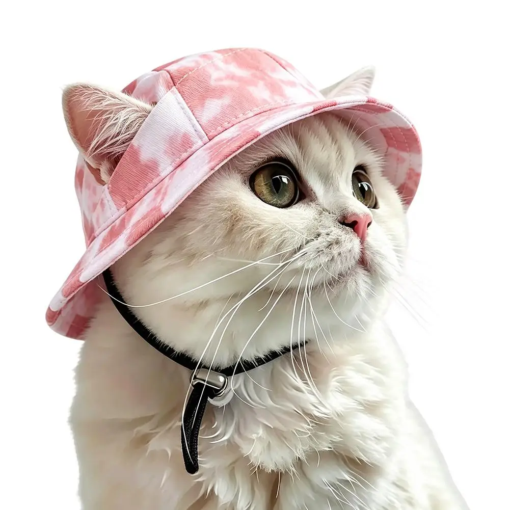 타이다이 애완동물 모자, 조절 가능한 턱끈, 귀 구멍이 있는 중소형 강아지 고양이용 자외선 차단 모자, 야외 산책, 해변용 모자
