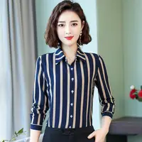 Fashion Striped Printing Shirt Tops Spring Summer New Long Sleeve Polo Neck All-match Slim Blouse Vintage Elegant Women Clothing 5