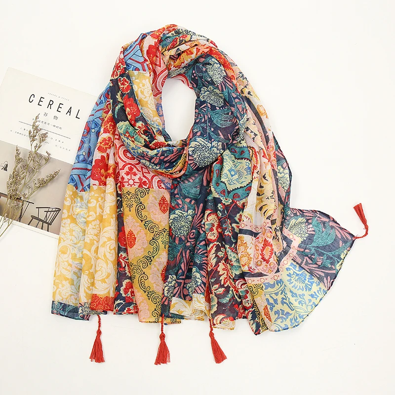 

New Floral Printed Viscose TasselScarf Shawl Soft Cotton Elegant Hijab Scarf Summer Thin Large Headscarf Warps 185*100cm