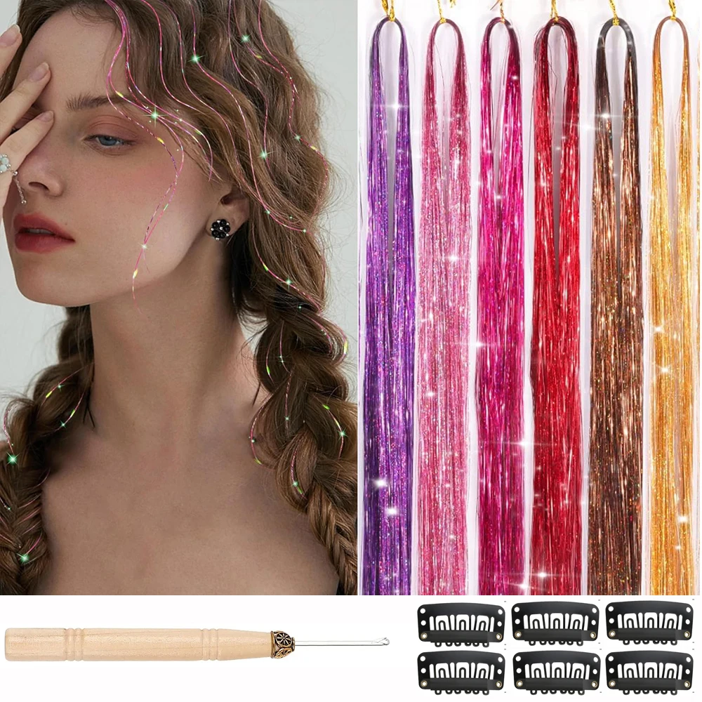 

47 Inches Fairy Hair extension 6 Colors Tinsel Hair Extension Heat Resistant With Tools(6pcs hair clips ,1pcs crochet hook)