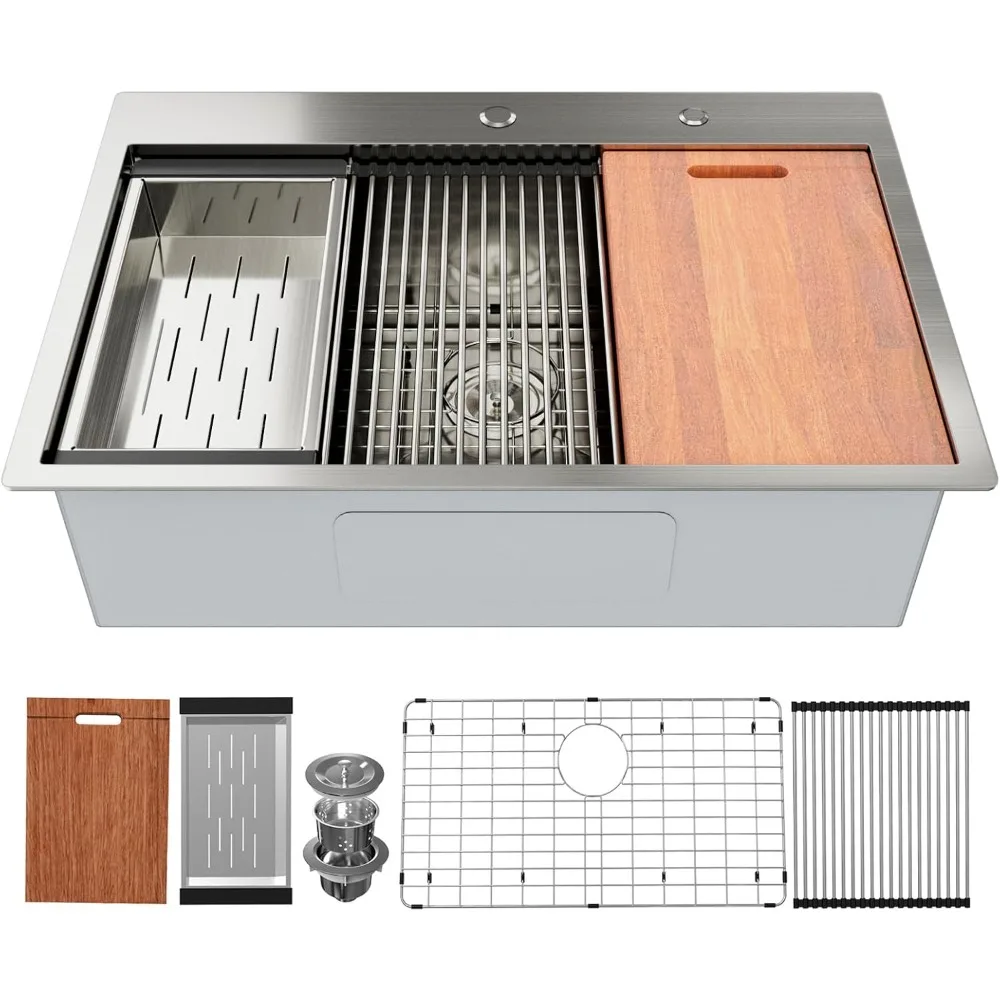 30x22 Inch Kitchen Sink Topmount, Stainless Steel 10" Deep Single Bowl Sink, Workstation Sink Combo