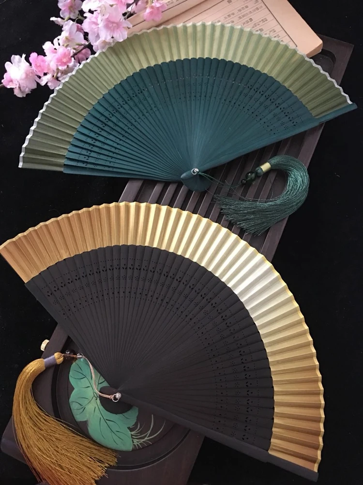 Edo Japanese Style Folding Fan Kimono Fan Real Silk Female Small Flower Carved Gradient Blank Golden