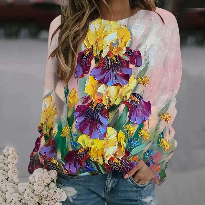Camiseta de manga larga con estampado de pinturas al óleo en 3D de moda de primavera y otoño para mujer, jersey con estampado floral, ropa Harajuku, tops para mujer