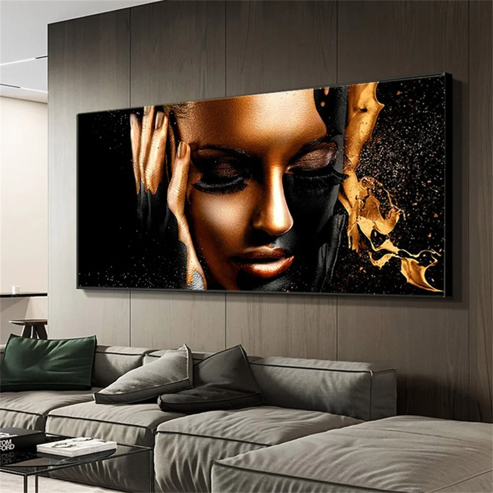 

Modern Black Women Face Poster Golden Liquid Canvas Paintings Abstract Woman Prints Cuadros Pictures for Living Room Decoration