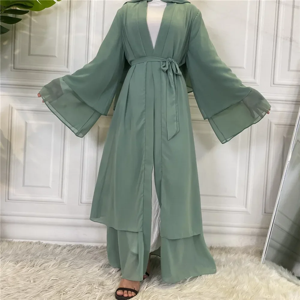 Eid Mubarak Chiffon Open Abaya White Kimono Dubai Turkey Kaftan Muslim Hijab Dress Islam Clothes Abayas for Women Robe Caftan