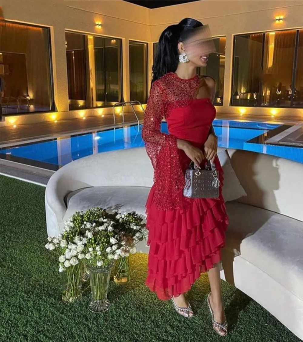 

One-Shoulder Sparkly Evening Dresses For Arabia Women Tea-Length Long Sleeves Elegant Formal Occasion Dresses Prom Dress 2023