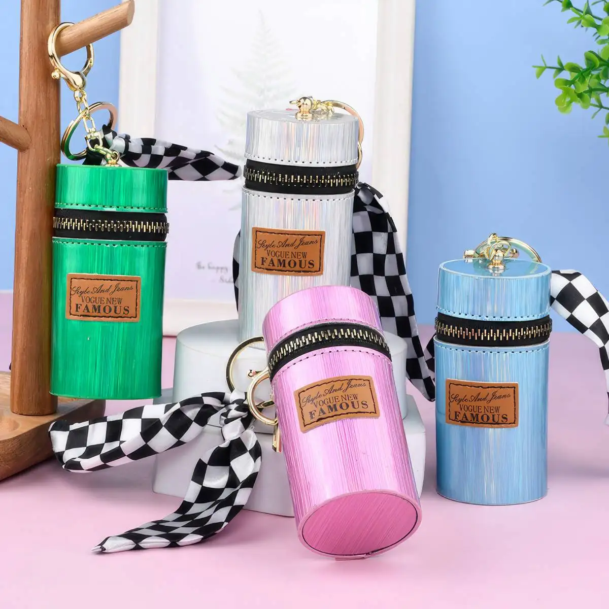 

Creative Laser Brushed Lipstick Bag with Keychain Mini Key Chain Hand Charm Wallet for Coins, Small Money and Makeups BA3-01800